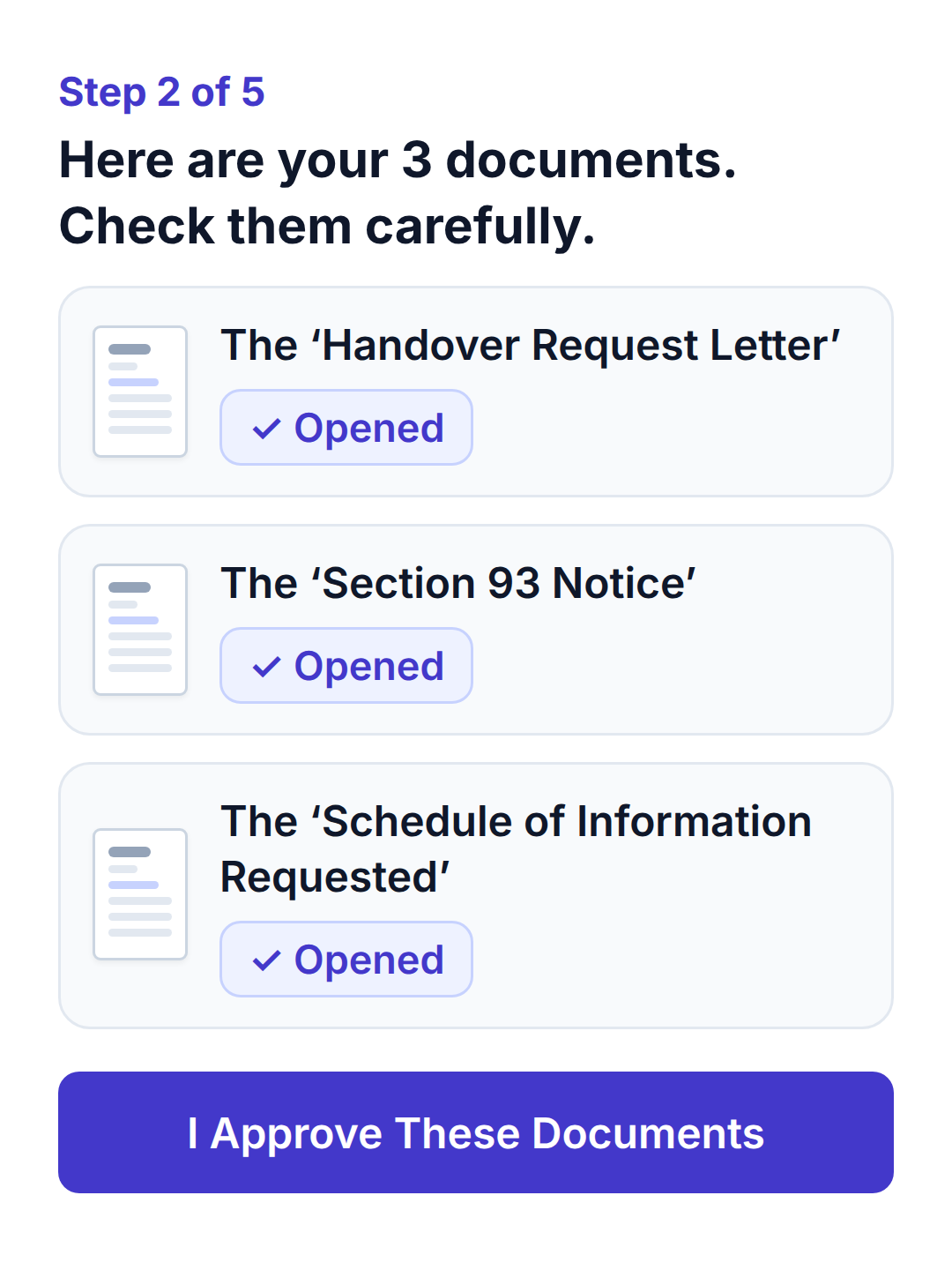 The Handover Tracker for a made-up building: your 3 documents, each opened, ready to approve