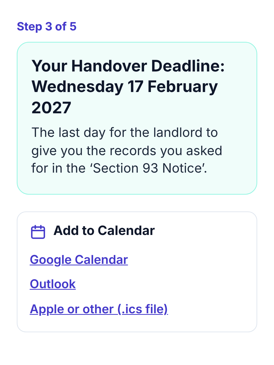 The Handover Tracker for a made-up building: your Handover Deadline, with Add to Calendar