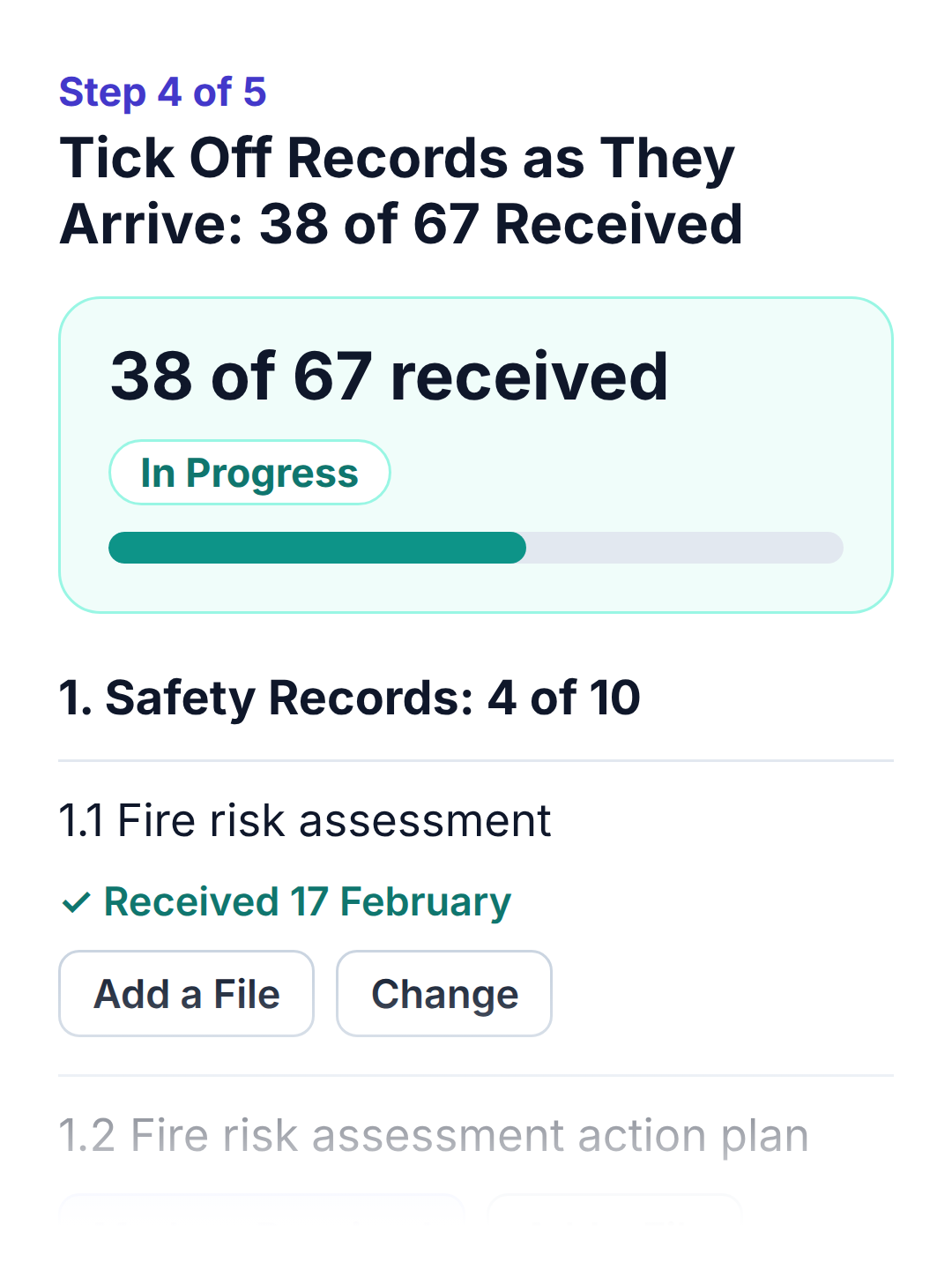 The Handover Tracker for a made-up building: records ticked off as they arrive, 38 of 67 received