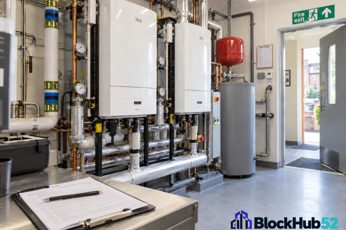 A communal plant room with two boilers, pipework and a red expansion vessel, with an inspection checklist on a clipboard in the foreground