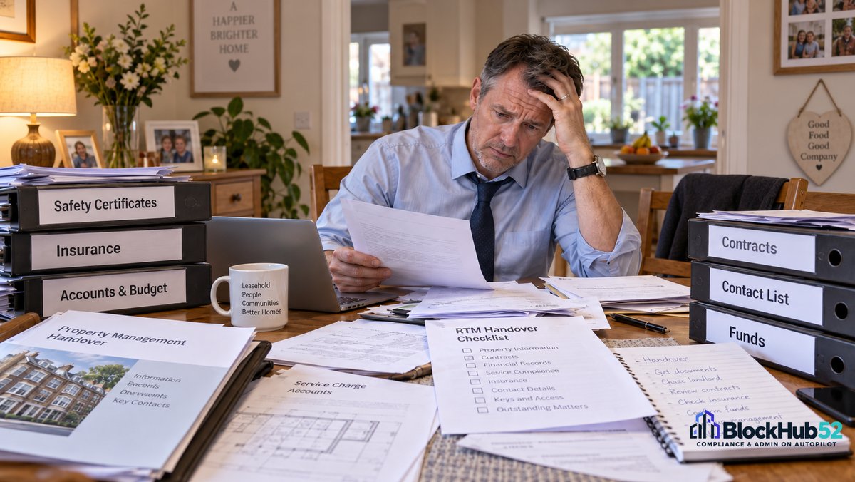 A stressed volunteer director at his kitchen table surrounded by binders labelled safety certificates, insurance, accounts and budget, contracts, contact list and funds, with an RTM handover checklist on the table